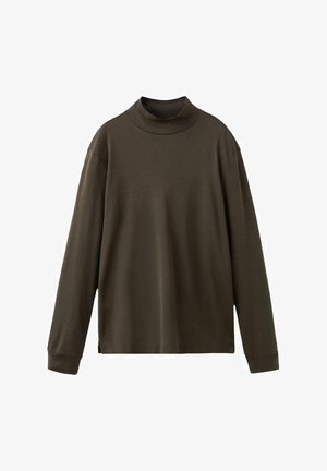 Donkergroen lang mouw turtleneck top gemaakt van gladde stof. Heeft een hoge kraag en verlaagde schouders met zijsplitten aan de onderkant.