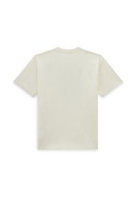 Kurzärmliges T-Shirt mit Rundhalsausschnitt aus weiß-beigem Stoff; glatte Textur ohne sichtbare Muster oder Verzierungen. Schlichte Rückseite.