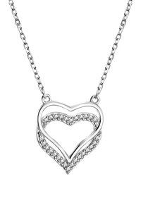 Sølv hjertevedhængs halskæde med to sammenflettede hjerter, hvoraf det ene er indrammet med klare krystaller, på en delikat kæde.