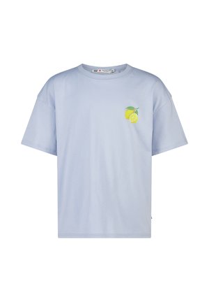 Lichtblauw T-shirt met korte mouwen, kleine citroengrafiek op de linkerborst, ronde hals en losse pasvorm.
