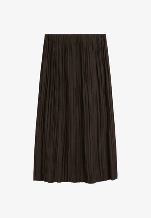 Gonna nera plissettata con vita elastica, realizzata in tessuto leggero caratterizzato da numerose pieghe verticali e lunghezza a metà polpaccio.