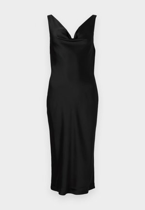 Schwarzes Satin-Kleid mit V-Ausschnitt und ärmellosem Design. Die figurbetonte Passform zeichnet sich durch ein drapiertes Oberteil aus und reicht bis zur Mitte der Waden. Glatter Stoff.