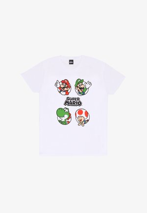 Weißes Baumwoll-T-Shirt mit bunten Cartoon-Drucken von Mario, Luigi, Yoshi und Toad in runden Rahmen, mit "Super Mario"-Text darunter.
