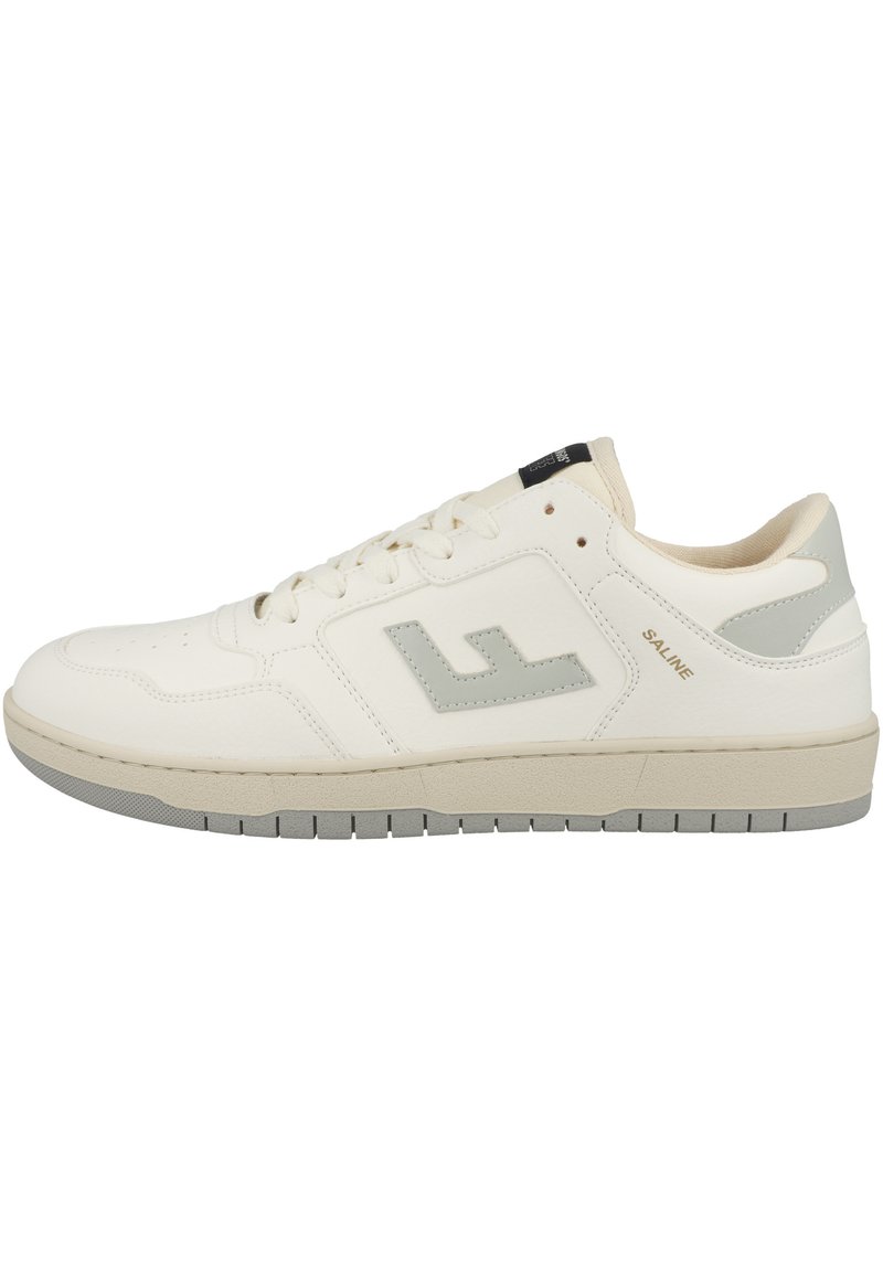 White leather sneakers with a grey accent logo, round toe, and flat laces. Cushioned tongue and collar, rubber outsole with tread pattern.