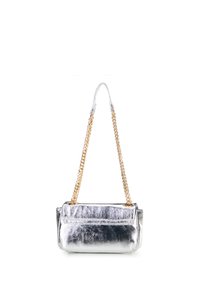 Metallic silver handbag with smooth texture, featuring a fold-over design and a gold chain shoulder strap. Includes a front pocket.