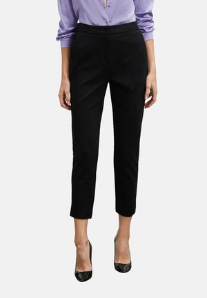 Black, tailored trousers with a straight cut and cropped length. Smooth, lightweight fabric; features subtle vertical stripes and side pockets.