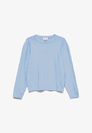 Maglione color azzurro realizzato in materiale morbido, con scollo rotondo e maniche lunghe con polsini e orlo a costine.