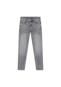 Grå denimjeans med en blekt finish, rak passform, fem fickor och en etikett i midjan. Har stickningar längs sömmarna.