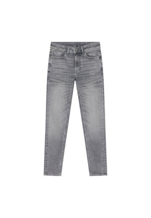 Graue Denim-Jeans mit einem verwaschenen Finish, geradem Schnitt, fünf Taschen und einem Etikett am Bund. Enthält Nähte entlang der Nähte.