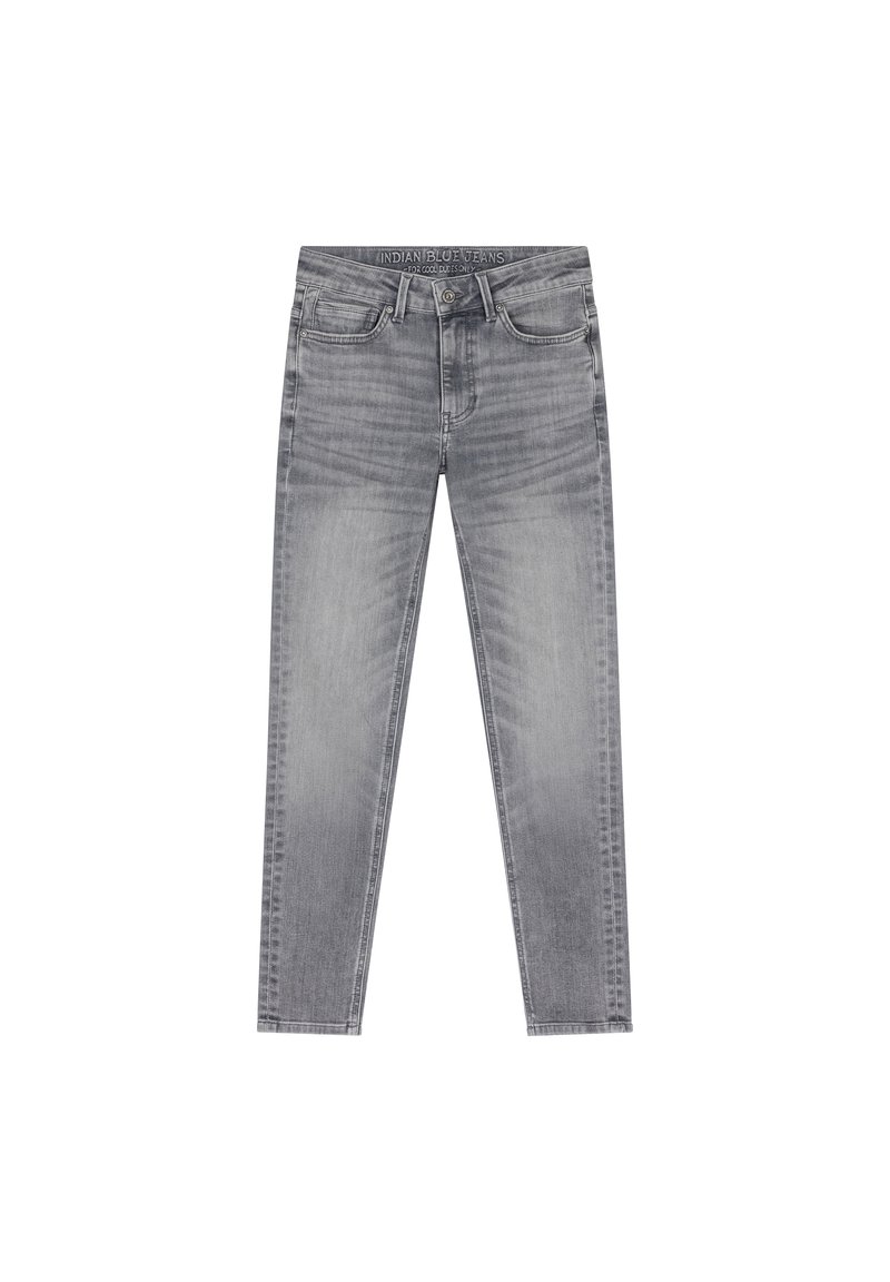 Grå denimjeans med en blekt finish, rak passform, fem fickor och en etikett i midjan. Har stickningar längs sömmarna.