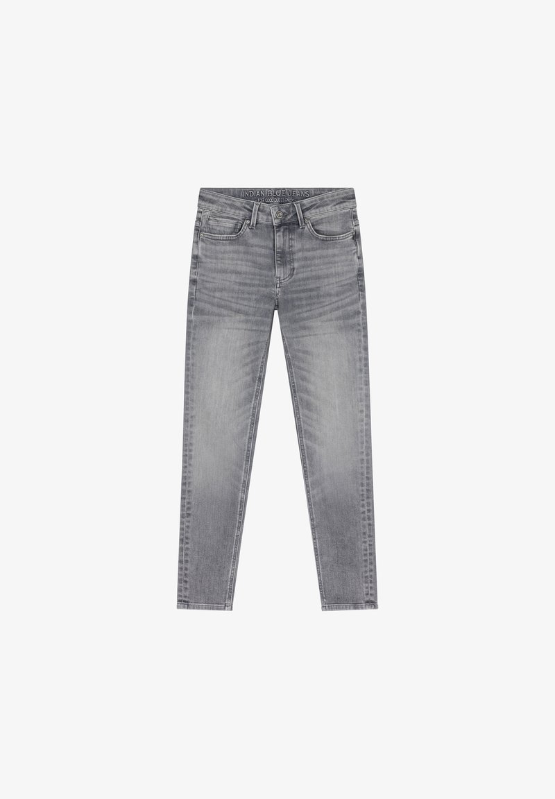 Grå denimjeans med en blekt finish, rak passform, fem fickor och en etikett i midjan. Har stickningar längs sömmarna.