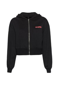 Black cropped hoodie made of soft fabric, featuring a front zipper, long sleeves, and a pink logo on the left chest.