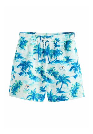 Blue and white swim shorts with tropical palm tree and surfer print, elastic waistband, and white drawstring closure.