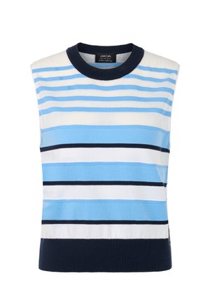 Ärmellose Strickweste mit horizontalen Streifen in Weiß, Hellblau und Marineblau, ausgestattet mit einem marineblauen, gerippten Rundhalsausschnitt und Saum.