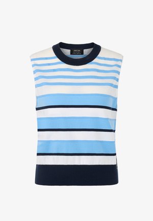 Ärmellose Strickweste mit horizontalen Streifen in Weiß, Hellblau und Marineblau, ausgestattet mit einem marineblauen, gerippten Rundhalsausschnitt und Saum.