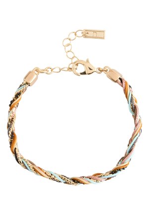 Gold-tone bracelet with twisted multicolor cords in light blue, pink, mustard, and black, featuring a lobster clasp and adjustable chain.