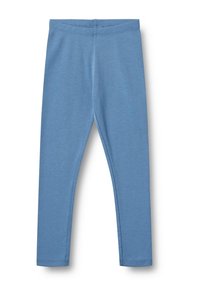 Blaue, elastische Leggings mit Bund, knöchellang, aus einfachem, glattem Stoff ohne sichtbare Muster oder Verzierungen.