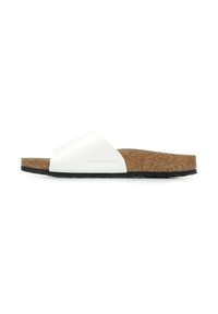 Infradito bianche con una soletta in sughero e una suola in gomma nera. Presentano un design a fascia minimalista con una finitura lucida.