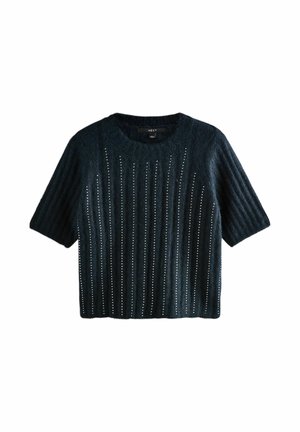 Kurzärmeliger, dunkelblauer Strickpullover mit vertikal gerippter Textur und kleinen Aussparungen an der Vorderseite für zusätzliche Designelemente.
