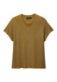 T-shirt en tricot jaune moutarde à manches courtes avec un col rond et un col côtelé, affiché sur fond blanc.