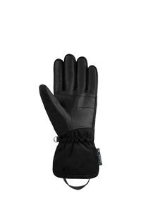 Svarta handskar i läder och tyg, med femfingradesign, förstärkt handflata, elastiskt handledsband och en hängögl.