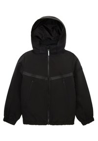 Schwarze isolierte Jacke mit Kapuze, ausgestattet mit Reißverschlusstaschen vorne, elastischen Bündchen und einer glatten, strapazierfähigen Stofftextur.