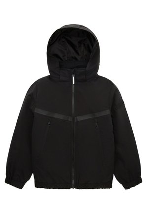 Schwarze isolierte Jacke mit Kapuze, ausgestattet mit Reißverschlusstaschen vorne, elastischen Bündchen und einer glatten, strapazierfähigen Stofftextur.