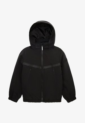 Black insulated jacket with a hood, featuring zippered front pockets, elasticized cuffs, and a smooth, durable fabric texture.