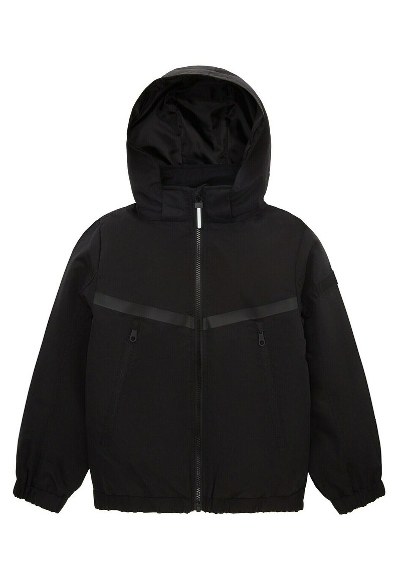 Schwarze isolierte Jacke mit Kapuze, ausgestattet mit Reißverschlusstaschen vorne, elastischen Bündchen und einer glatten, strapazierfähigen Stofftextur.