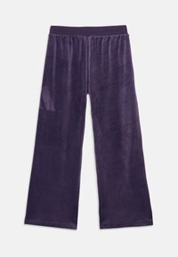 Purple wide-leg pants made of soft, smooth fabric with an elastic waistband. Features a simple design and no additional accents.