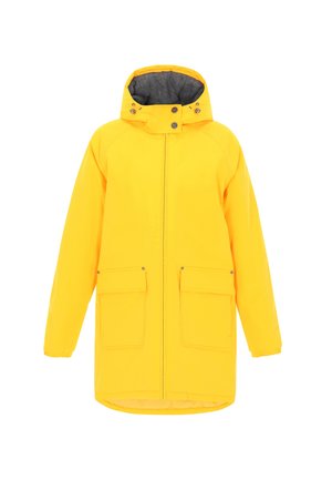 Giacca impermeabile gialla con cappuccio, caratterizzata da una chiusura con zip, fodera interna grigia e due tasche frontali. Texture liscia, maniche lunghe.