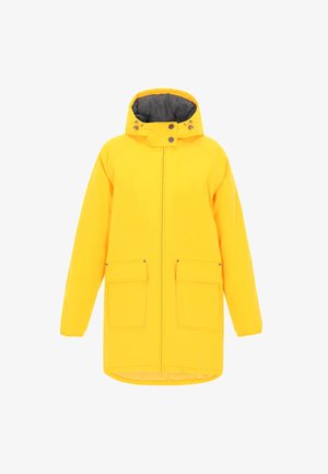Giacca impermeabile gialla con cappuccio, caratterizzata da una chiusura con zip, fodera interna grigia e due tasche frontali. Texture liscia, maniche lunghe.