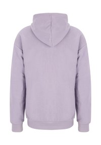 Lavendelfarbiges Hoodie mit Kängurutasche, oversized Schnitt, gerippte Bündchen und Kapuze. Weicher Stoff, keine sichtbaren Muster oder Hardwaredetails.