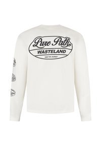 Langärmelig t-shirt van off-white katoen met zwarte bedrukte tekst op de achterkant en mouwen, met een ontspannen pasvorm en een ronde hals.