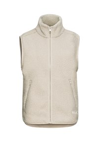 Gilet in pile color beige chiaro con colletto alto, zip frontale completa e due tasche laterali. Superficie tessurizzata con piccoli punti in rilievo.