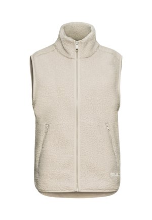 Gilet in pile color beige chiaro con colletto alto, zip frontale completa e due tasche laterali. Superficie tessurizzata con piccoli punti in rilievo.