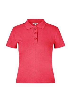 Polo tričko s krátkým rukávem v jasně růžové barvě, vyrobené z pružné látky, s límcem a třemi knoflíky vpředu pro zapínání.