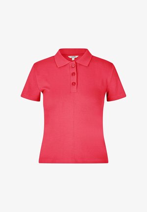 Koszulka polo z krótkim rękawem w jaskrawym różowym kolorze, wykonana z prążkowanej tkaniny, z kołnierzykiem i trzema guzikami z przodu do zapięcia.