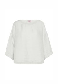 Hvid løs hørbluse med rund halsudskæring og trekvart lange, brede ærmer, mærket "Deha" på indersiden af kraven.