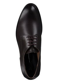 Braune Lederdressschuhe mit runder Zehenform, glatter Textur, Schnürdesign und dezenten Stickdetails entlang der Kante.