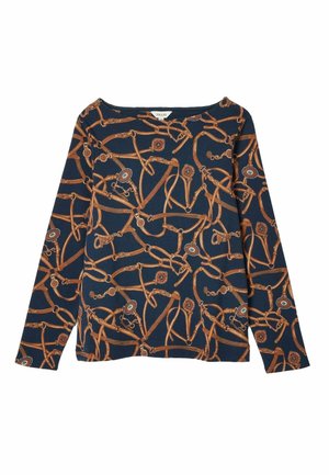 Long-sleeved navy top featuring a brown and blue equestrian-themed pattern, made from soft fabric with a relaxed fit and wide neckline.