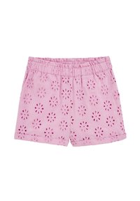 Rozā kokvilnas šorti ar elastīgu jostu, ar ziedu lāzera griezuma rakstiem un rullētiem maliņām, nodrošinot teksturētu izskatu.