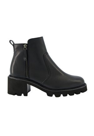 Zwarte leren enkellaars met een dikke zool, zijrits en een lus aan de achterkant. Glad oppervlak met minimale stikseldetails.