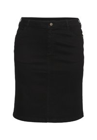 Schwarzer Denim-Rock, schlanke Passform, mittel-lange, Fünf-Taschen-Design, vorderer Knopfverschluss, mit leichtem Stretch, mit sauberen Kanten und genähten Nähten.