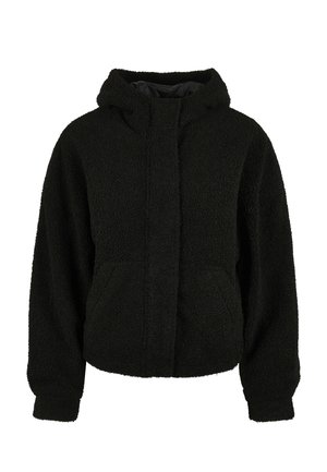 Giacca con cappuccio in pile nero, maniche lunghe, tasche frontali e chiusura con zip nascosta.