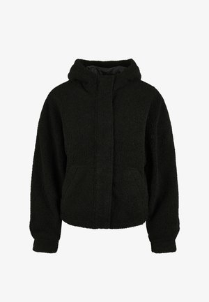 Svart fleecejakke med hette, lange ermer, frontlommer og en skjult glidelåslukking.