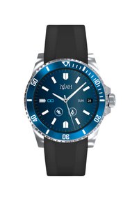 Blauwe wijzerplaat horloge met zilverkleurige accenten, metalen kast en zwarte siliconen band. Bevat een datumweergave, symbolen voor sporten en dikke uurmarkers.