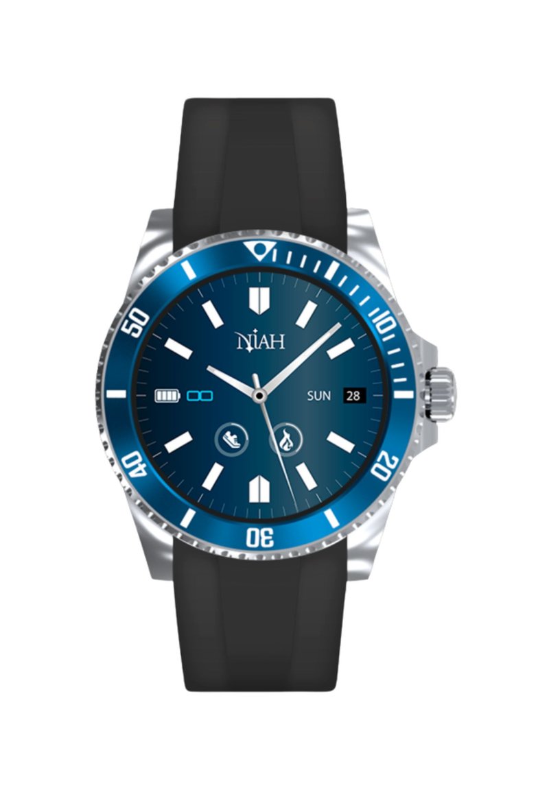 Blauwe wijzerplaat horloge met zilverkleurige accenten, metalen kast en zwarte siliconen band. Bevat een datumweergave, symbolen voor sporten en dikke uurmarkers.