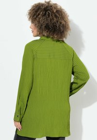 Camicia a maniche lunghe a righe verdi con colletto, realizzata in tessuto testurizzato, con polsini abbottonati e orlo dritto, mostrata dal retro.