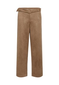 Pantalons en daim marron à jambes larges avec une taille haute ceinturée, présentant une texture lisse et des accents en métal sur la ceinture.